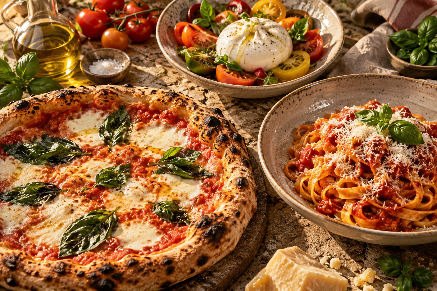 Neapolitan pizza, tomato tagliatelle and fresh burrata