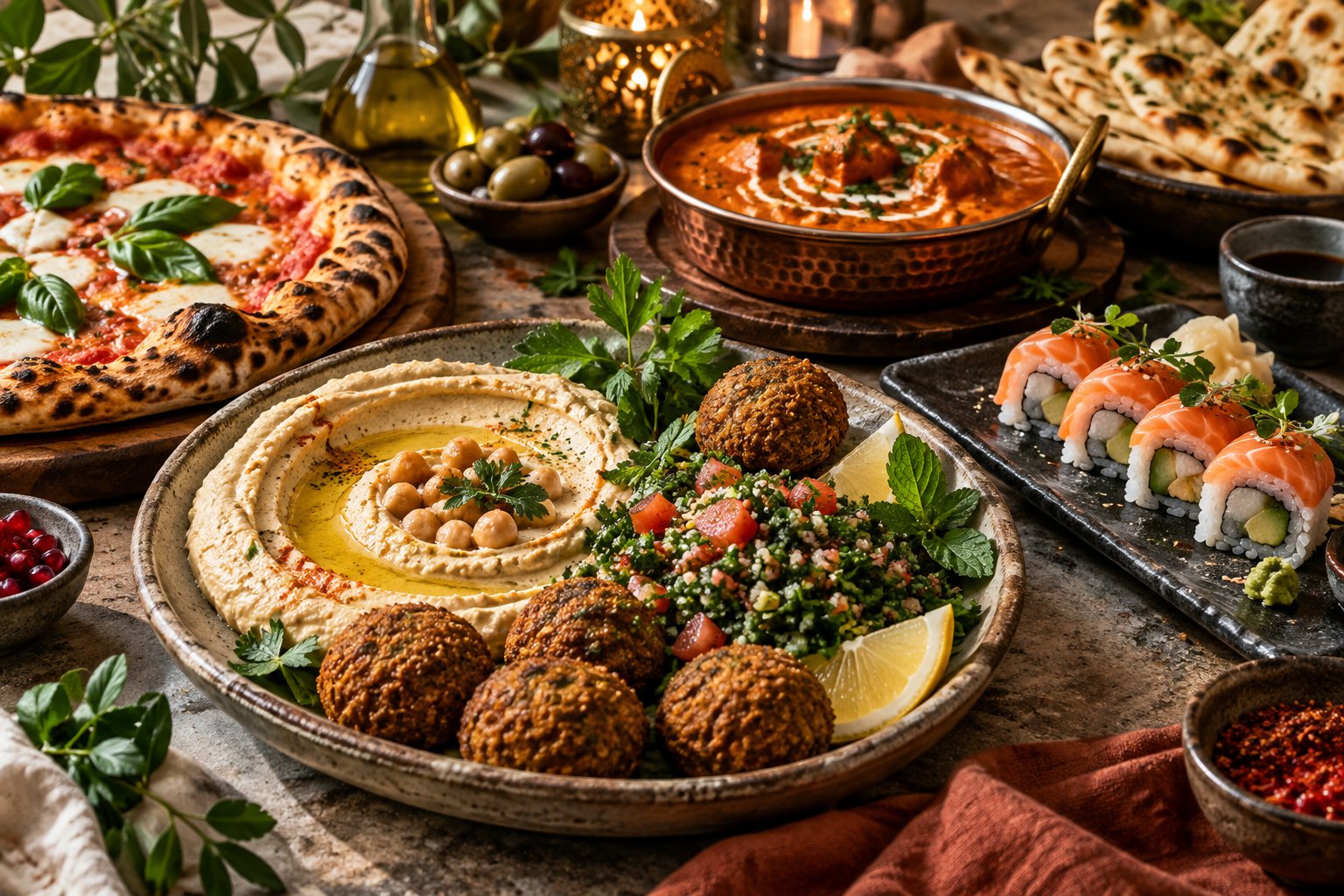 Lebanese mezze, Italian pizza, Japanese sushi and Indian curry on a sharing table